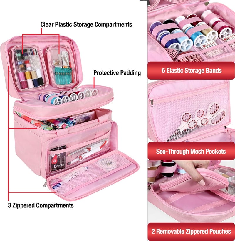 SINGER منظم ملحقات الخياطة (حقيبة فقط) - حقيبة تخزين خياطة محمولة بطبقتين | 2 حقيبة قابلة للفصل و 18 قسم، حقيبة كبيرة لمستلزمات الخياطة والحرف (وردي) - Image 4